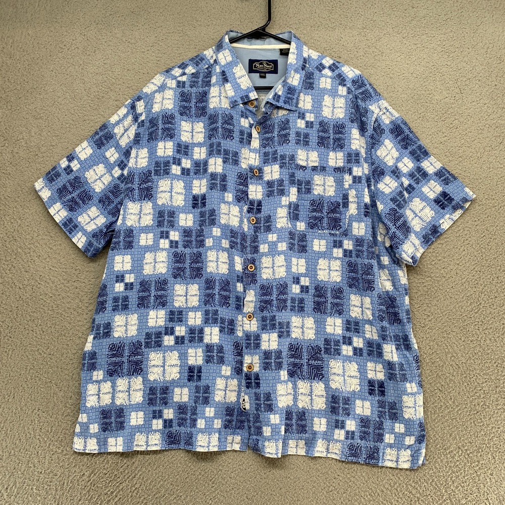 Nat Nast Shirt Mens XXL Silk Short Sleeve Cruise Blue Geometric Resort Beach